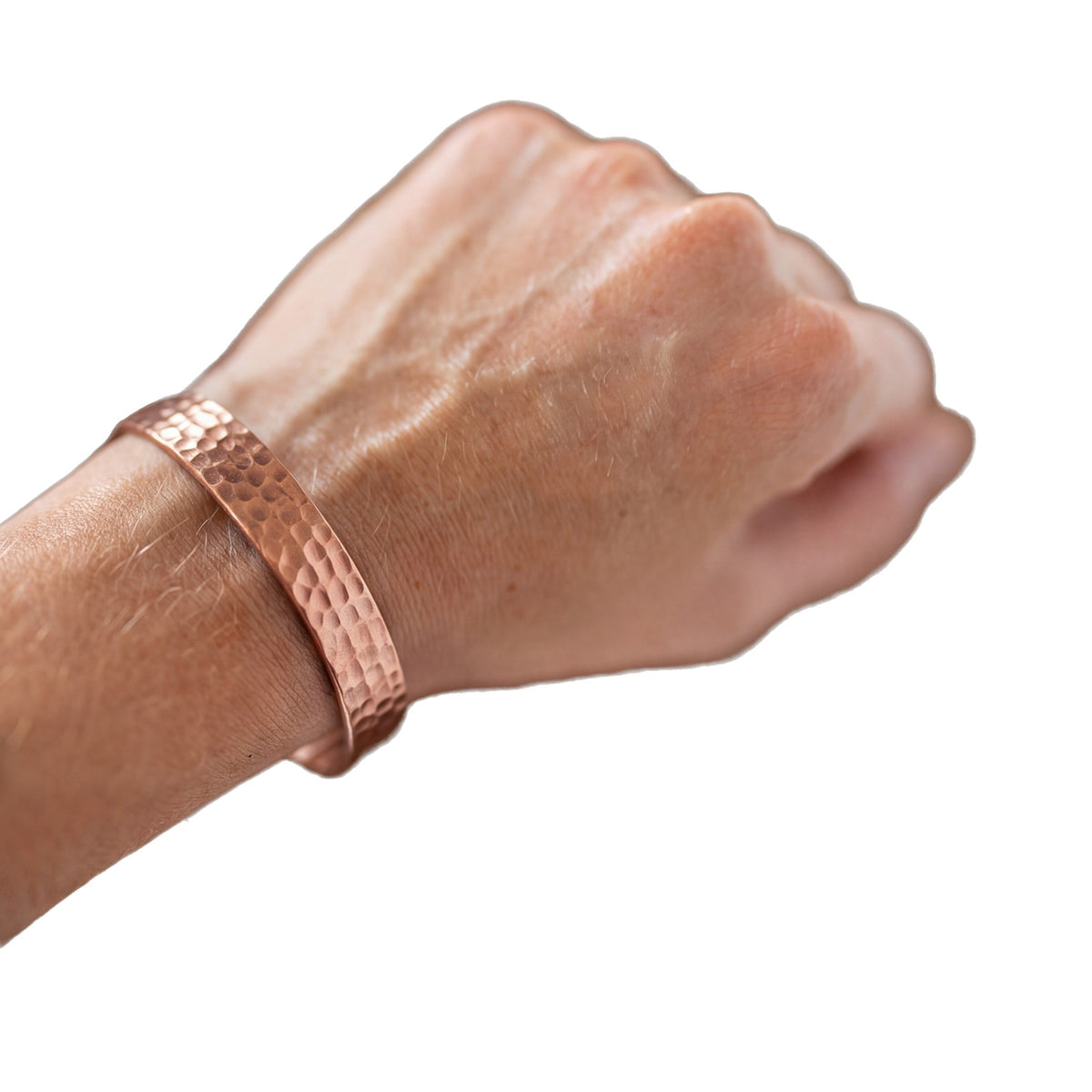 Kopero Copper Bracelet Hammered, on the wrist, product photo on a white background