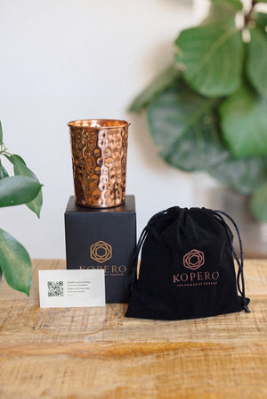 Kopero Copper Cup Hammered, with the black branded box, the velvet pouch and the thank-you card