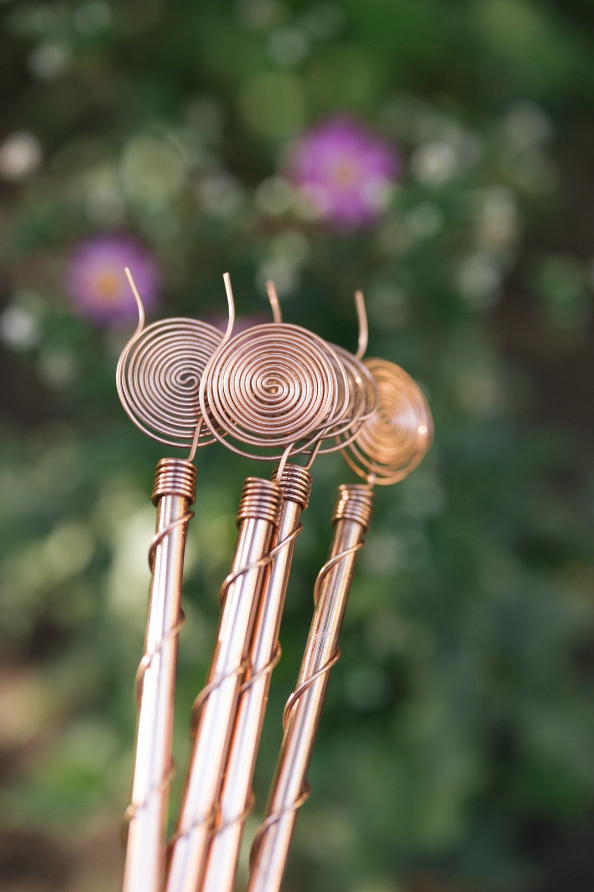 Kopero Electroculture 60 cm, close-up of the copper spirals in the garden