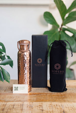 Kopero Copper Water Bottle Hammered, with the black branded box, the velvet pouch and the thank-you card